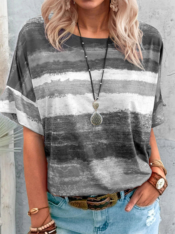 Nouveau t-shirt à manches courtes pour femme, style été européen et américain, avec dégradé de couleurs contrastées. 