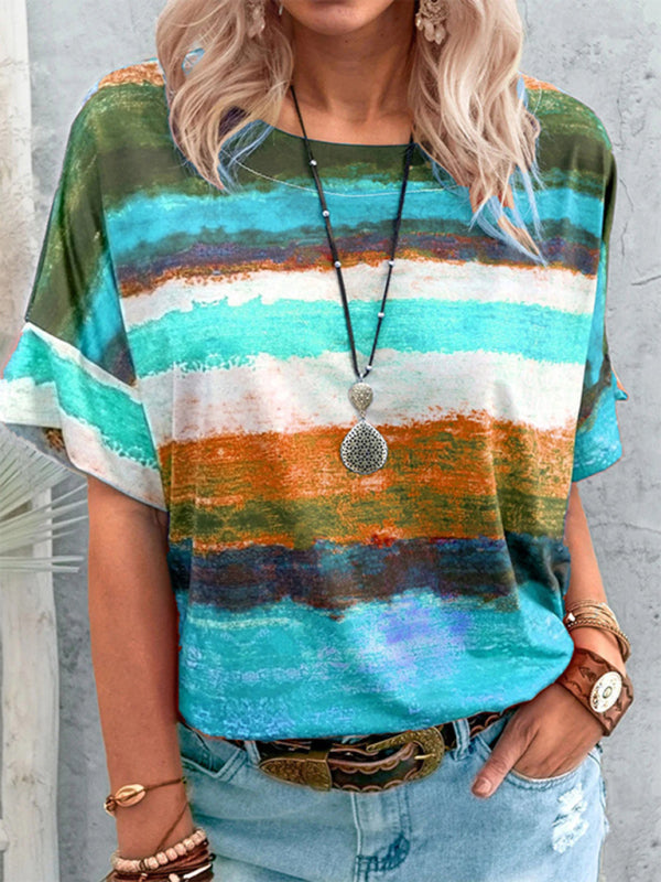 Nouveau t-shirt à manches courtes pour femme, style été européen et américain, avec dégradé de couleurs contrastées. 
