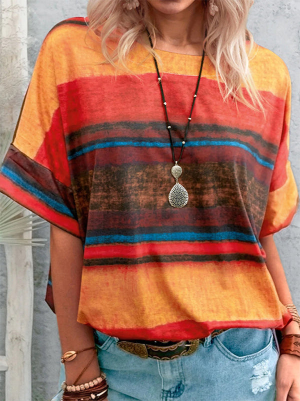 Nouveau t-shirt à manches courtes pour femme, style été européen et américain, avec dégradé de couleurs contrastées. 