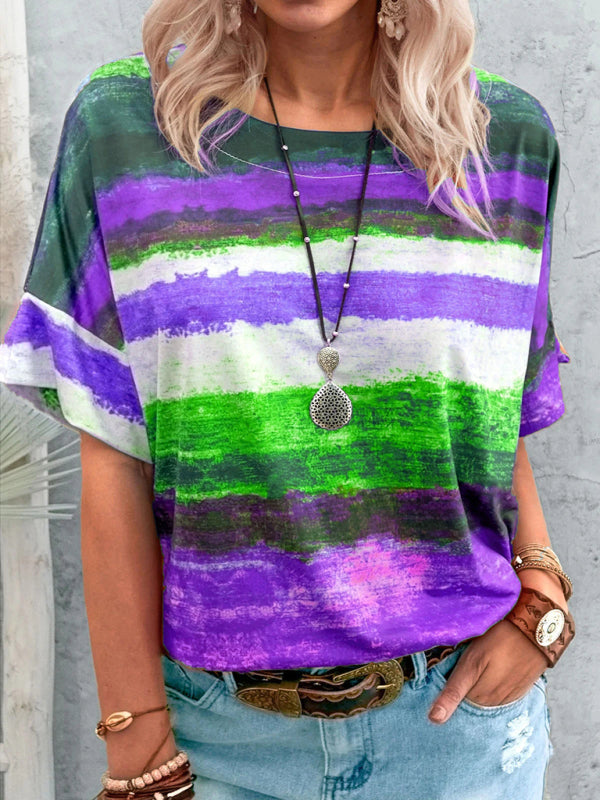 Nouveau t-shirt à manches courtes pour femme, style été européen et américain, avec dégradé de couleurs contrastées. 