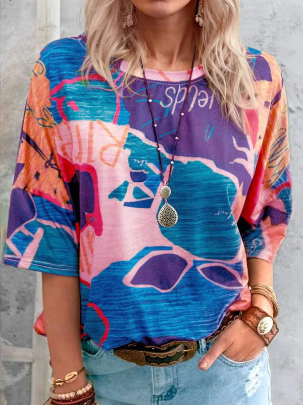 Nouveau t-shirt à manches courtes pour femme, style été européen et américain, avec dégradé de couleurs contrastées. 