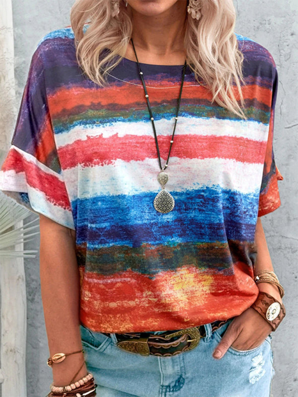 Nouveau t-shirt à manches courtes pour femme, style été européen et américain, avec dégradé de couleurs contrastées. 