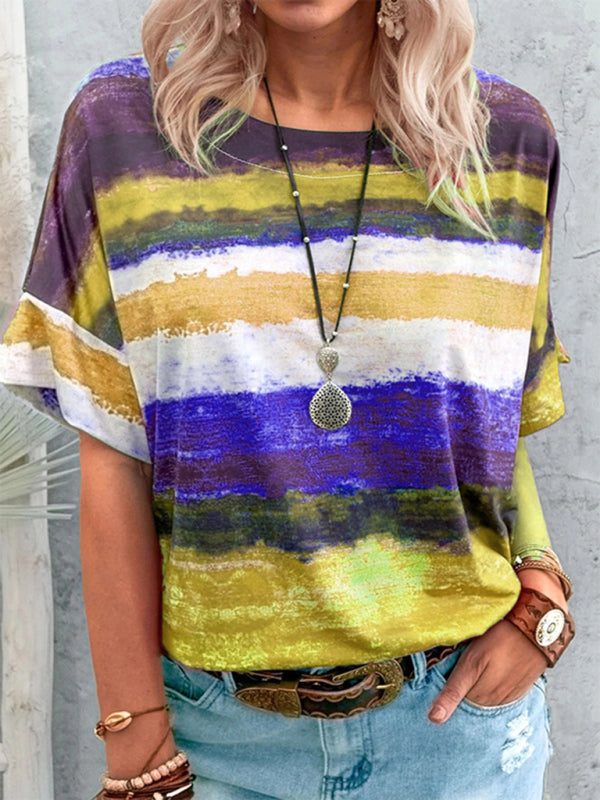 Nouveau t-shirt à manches courtes pour femme, style été européen et américain, avec dégradé de couleurs contrastées. 