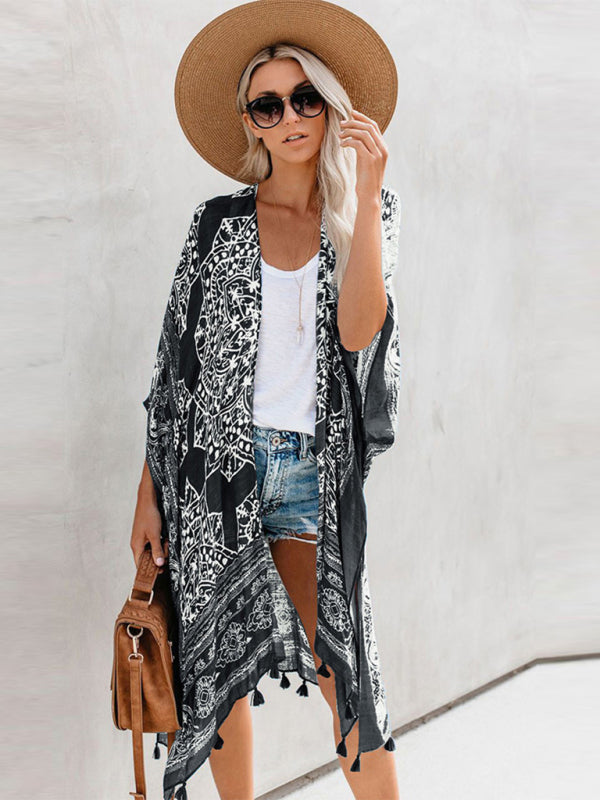Bohemian Print Tassel Swimwear Cover-Up – front view