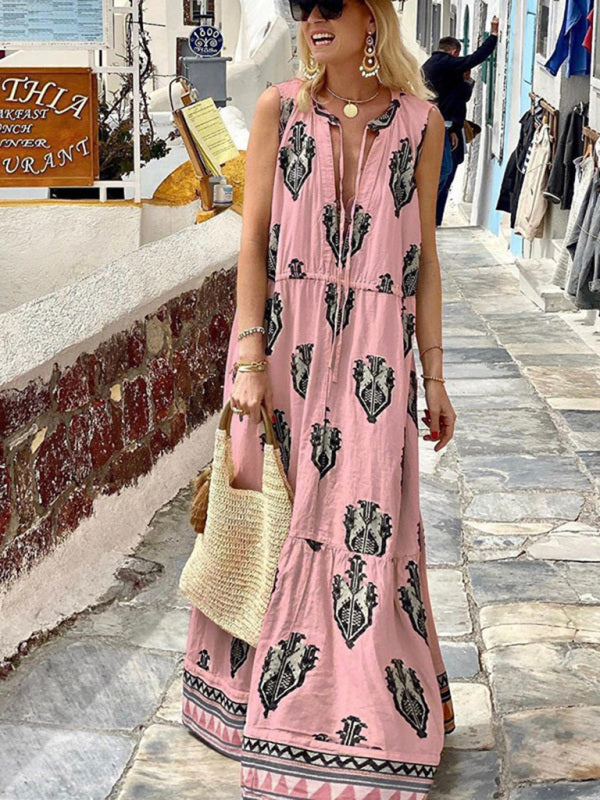 Robe midi sans manches à imprimé bohème pour femme 