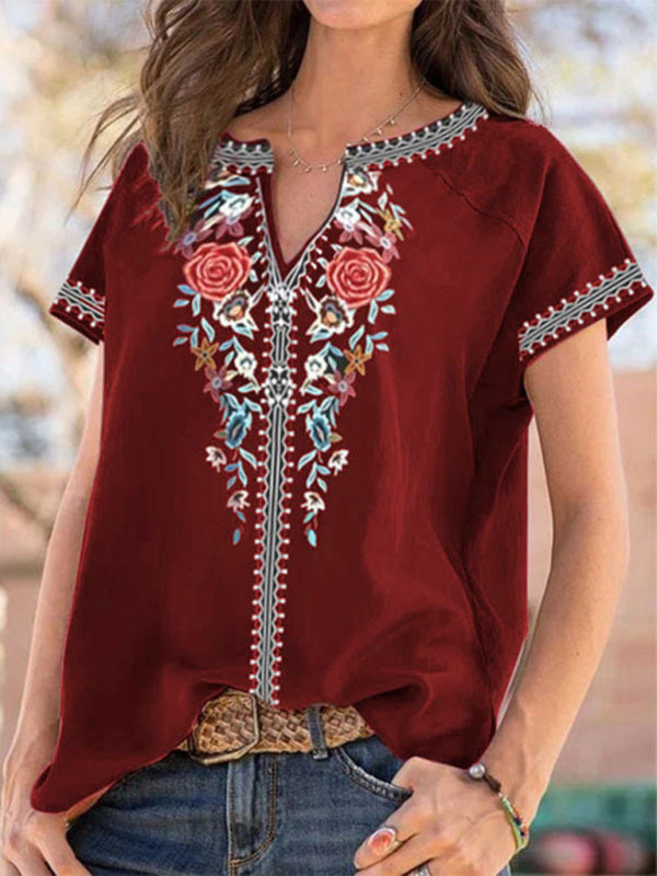 T-shirt à manches courtes pour femme, imprimé ethnique 