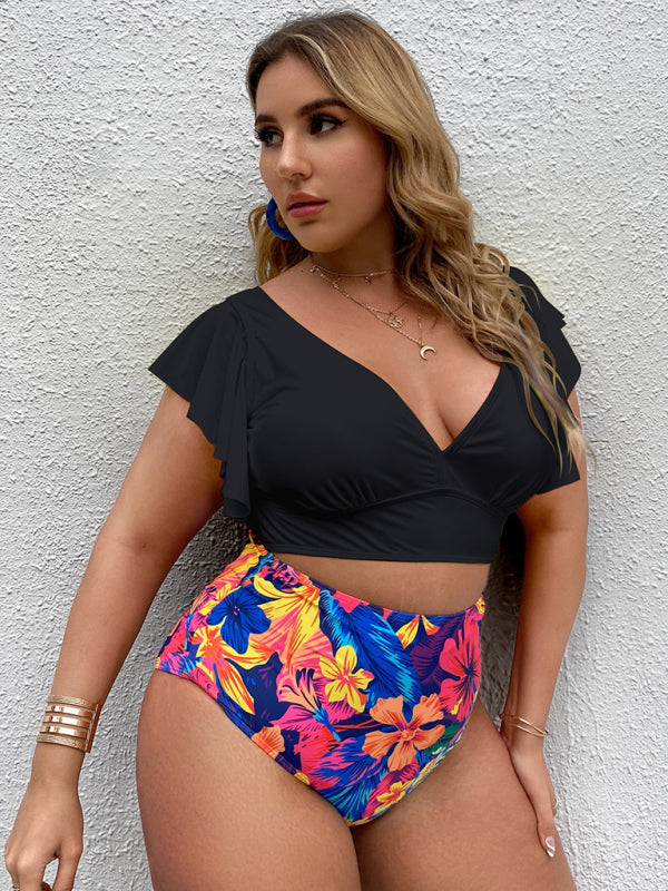 Plus Size Damen-Falbala V-Ausschnitt Bikini-Set 