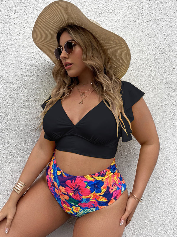 Plus Size Damen-Falbala V-Ausschnitt Bikini-Set 