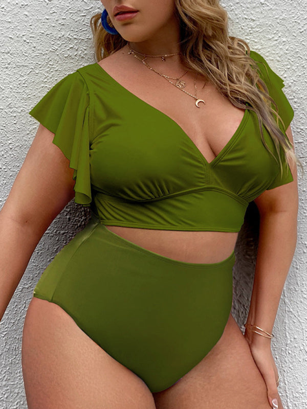 Plus Size Damen-Falbala V-Ausschnitt Bikini-Set 