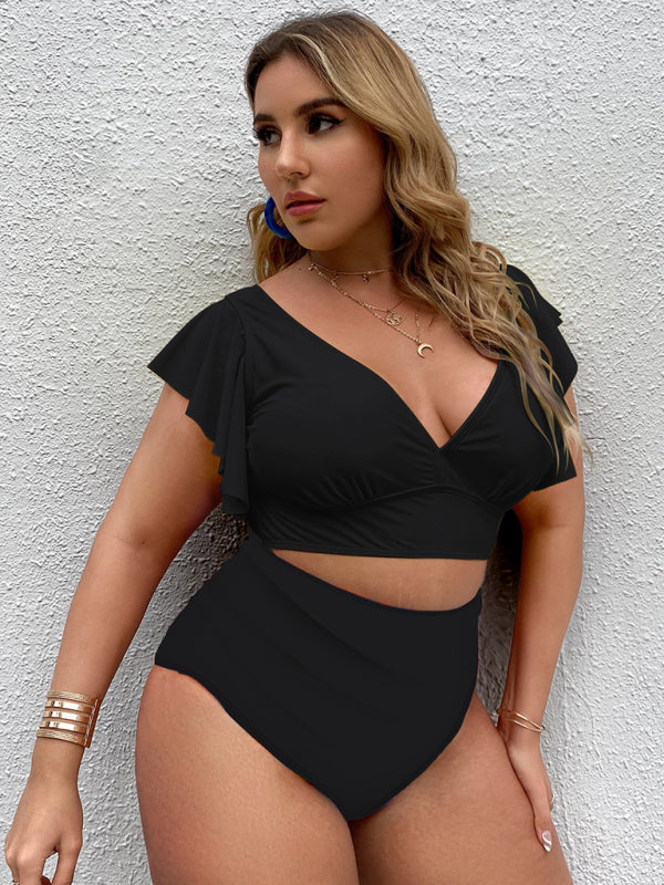 Plus Size Damen-Falbala V-Ausschnitt Bikini-Set 