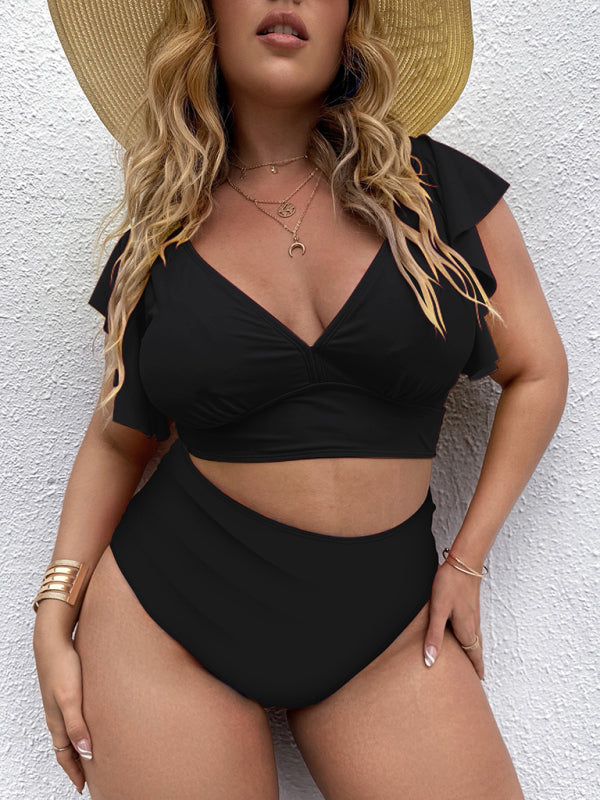 Plus Size Damen-Falbala V-Ausschnitt Bikini-Set 