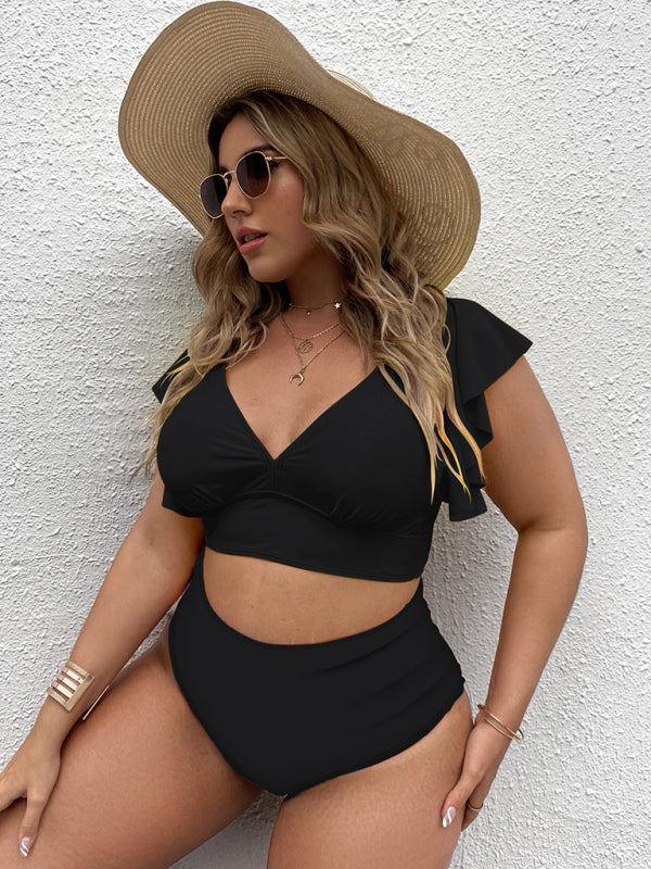Plus Size Damen-Falbala V-Ausschnitt Bikini-Set 