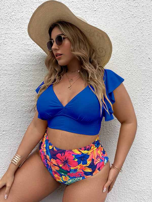 Plus Size Damen-Falbala V-Ausschnitt Bikini-Set 