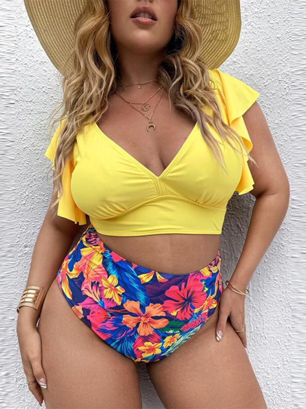 Plus Size Damen-Falbala V-Ausschnitt Bikini-Set 