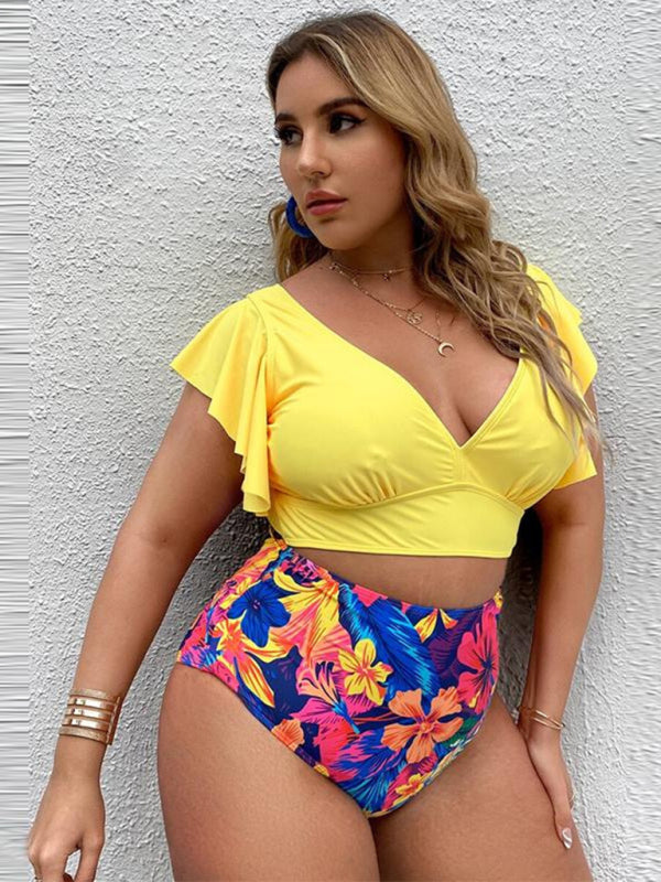 Plus Size Damen-Falbala V-Ausschnitt Bikini-Set 