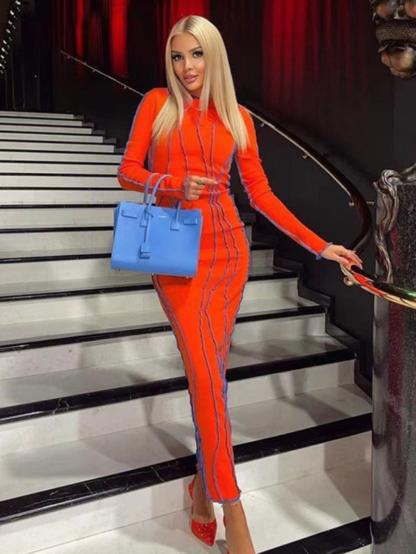 Robe midi moulante chic à manches longues 