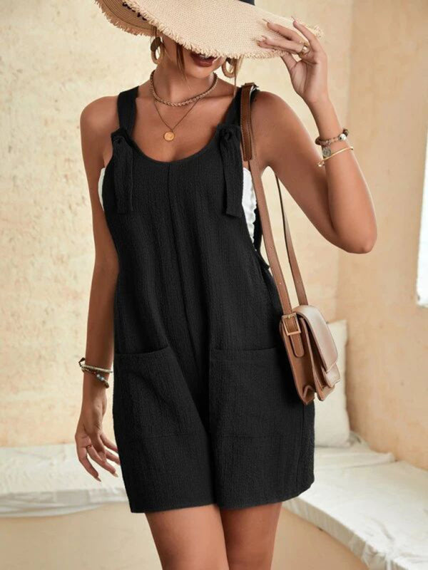Women's Solid Color Patch Pocket Lace Up Casual Overalls – lifestyle view