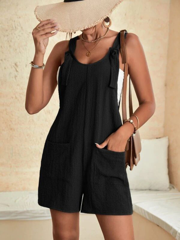 Women's Solid Color Patch Pocket Lace Up Casual Overalls – detail view