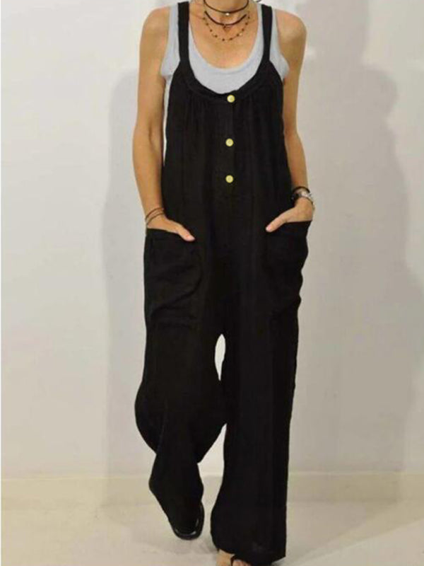 Cotton Linen Overalls Pocket Solid Elastic Band Button Jumpsuit – side view