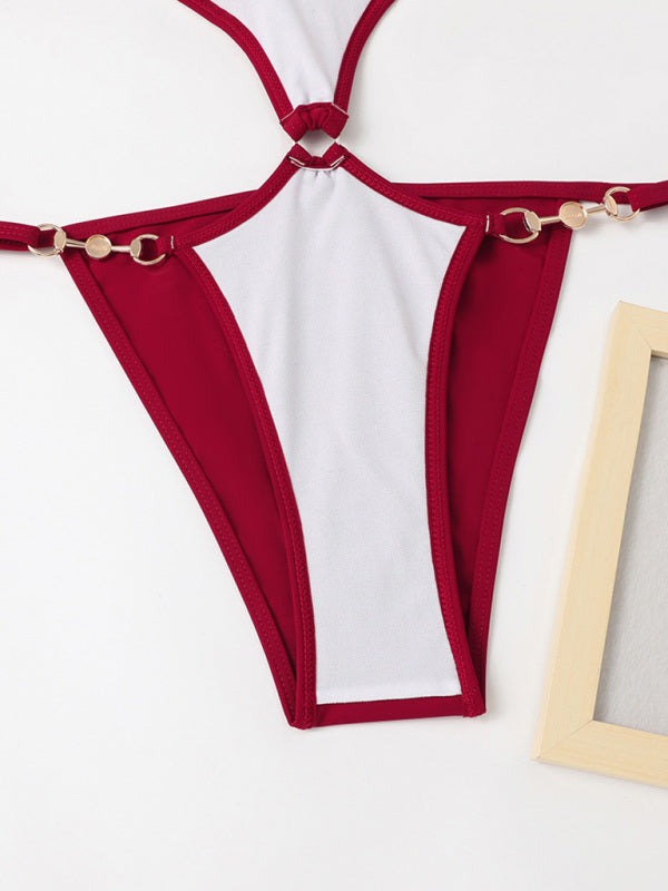 Neuer einteiliger, mehrfarbiger, sexy Badeanzug mit Perlenkette und Neckholder. 