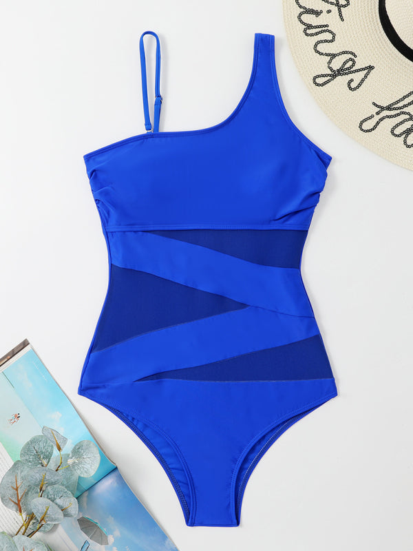 Bikini mit schrägen Schultern, einteiliger Badeanzug aus Gaze mit Einsätzen 