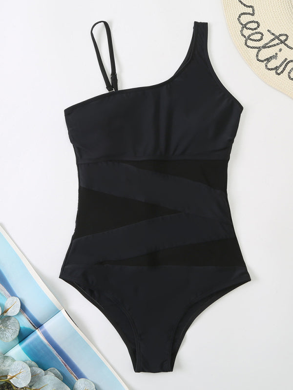 Bikini mit schrägen Schultern, einteiliger Badeanzug aus Gaze mit Einsätzen 