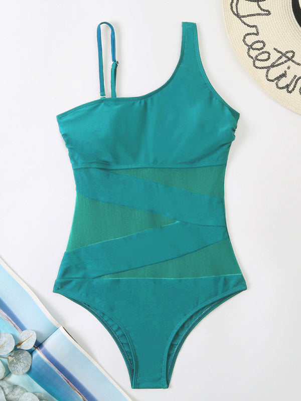 Bikini mit schrägen Schultern, einteiliger Badeanzug aus Gaze mit Einsätzen 