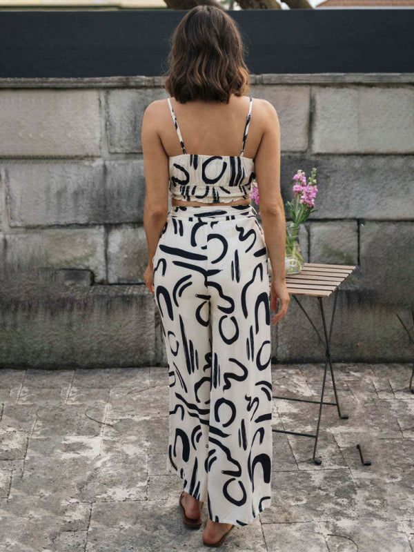 Zweiteiliges Set aus bedrucktem, ärmellosem Trägertop und langer, weit geschnittener Hose für Damen 