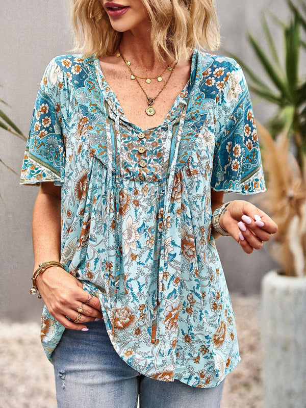 Women's V Neck Short Sleeve Printed Short Sleeve Shirt - Closther