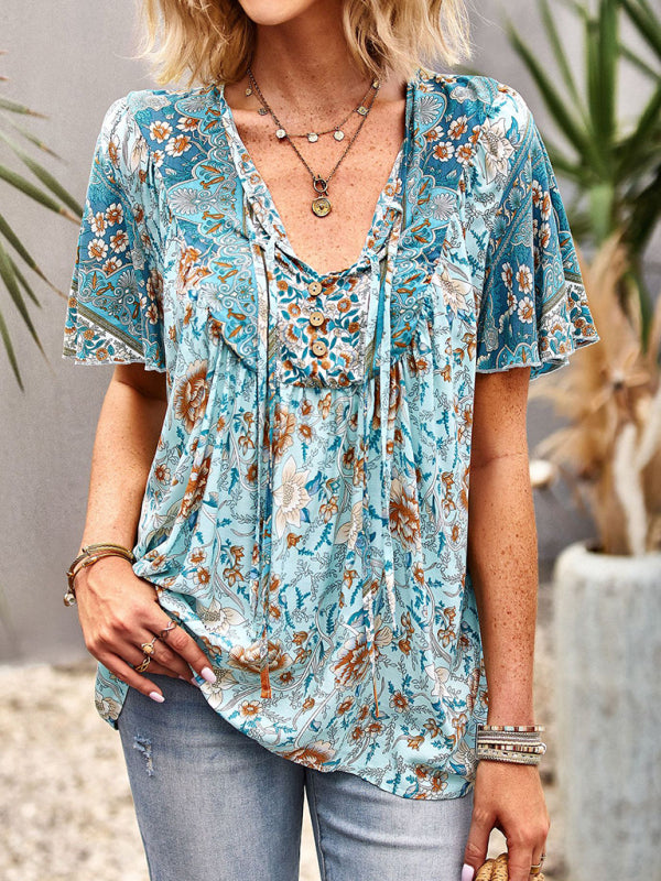 Women's V Neck Short Sleeve Printed Short Sleeve Shirt - Closther