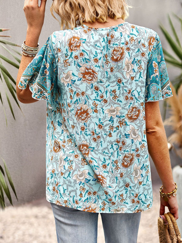 Women's V Neck Short Sleeve Printed Short Sleeve Shirt - Closther