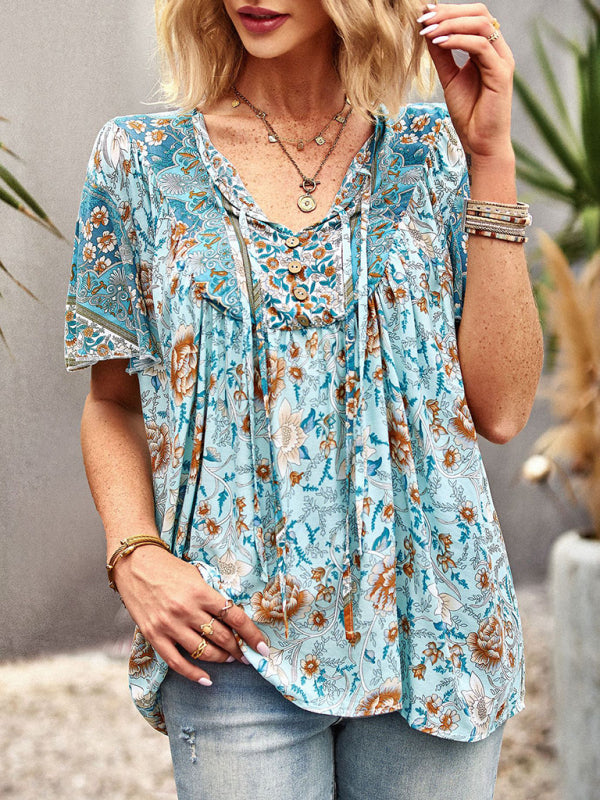 Women's V Neck Short Sleeve Printed Short Sleeve Shirt - Closther