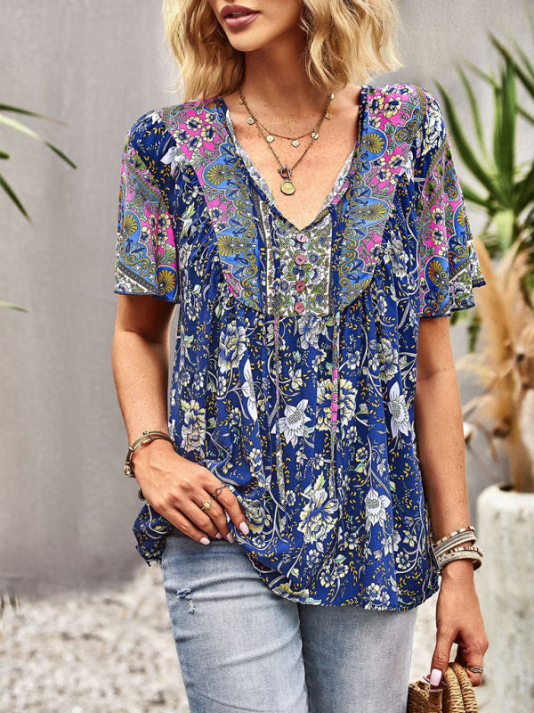 Women's V Neck Short Sleeve Printed Short Sleeve Shirt - Closther