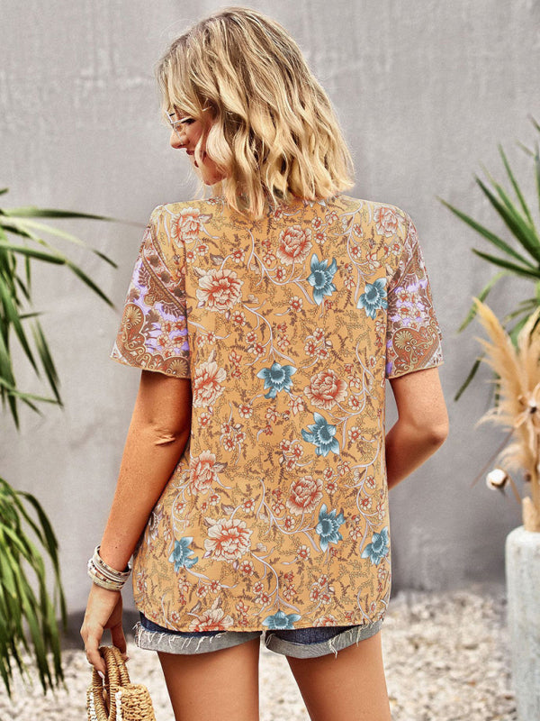 Women's V Neck Short Sleeve Printed Short Sleeve Shirt - Closther