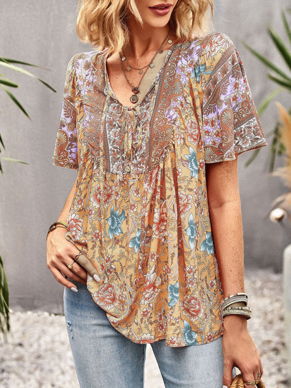 Women's V Neck Short Sleeve Printed Short Sleeve Shirt - Closther