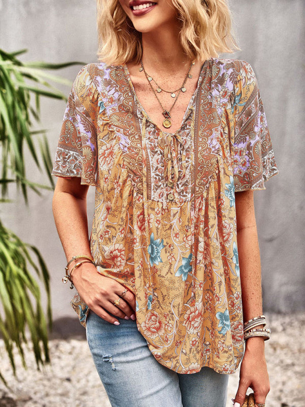 Women's V Neck Short Sleeve Printed Short Sleeve Shirt - Closther