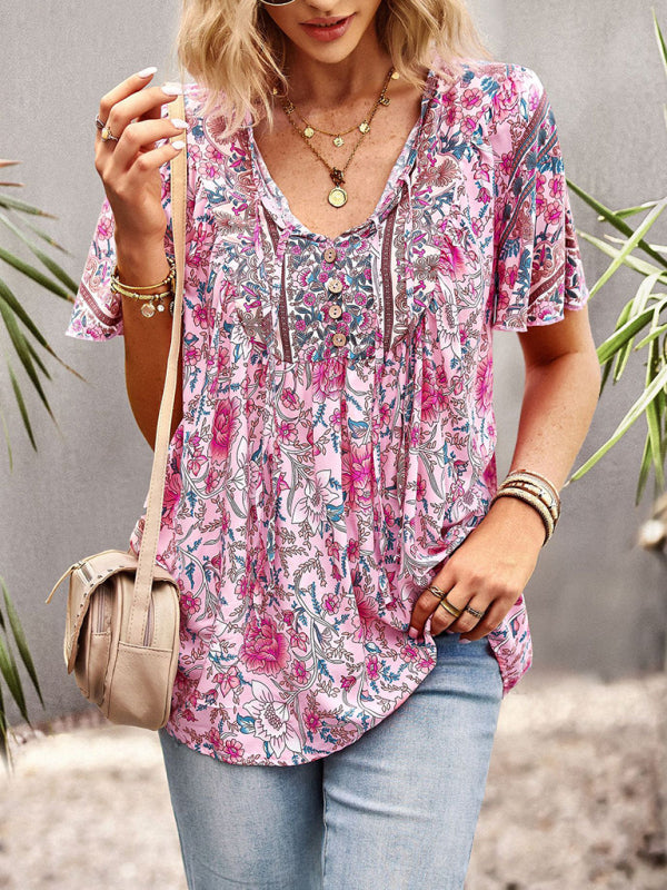 Women's V Neck Short Sleeve Printed Short Sleeve Shirt - Closther