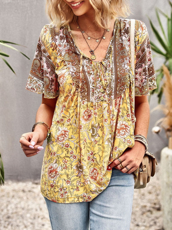 Women's V Neck Short Sleeve Printed Short Sleeve Shirt - Closther