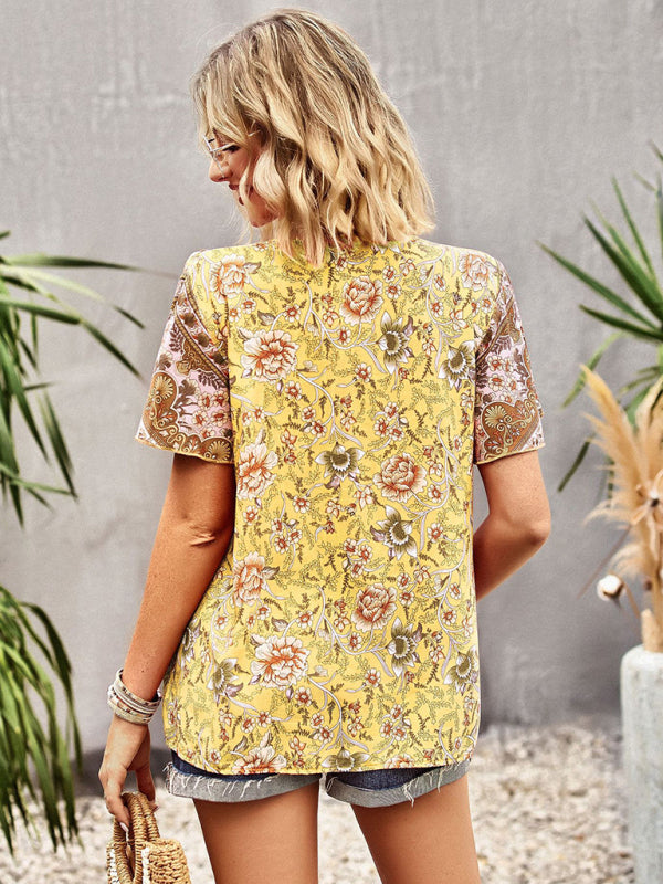 Women's V Neck Short Sleeve Printed Short Sleeve Shirt - Closther