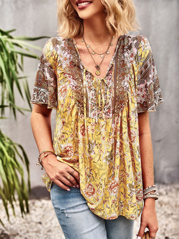 Women's V Neck Short Sleeve Printed Short Sleeve Shirt - Closther