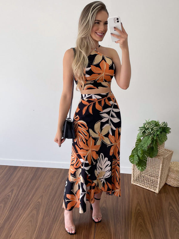 Zweiteiliges Set aus bedrucktem, kurzem Tanktop mit Trägern und hochtailliertem Rock für Damen 
