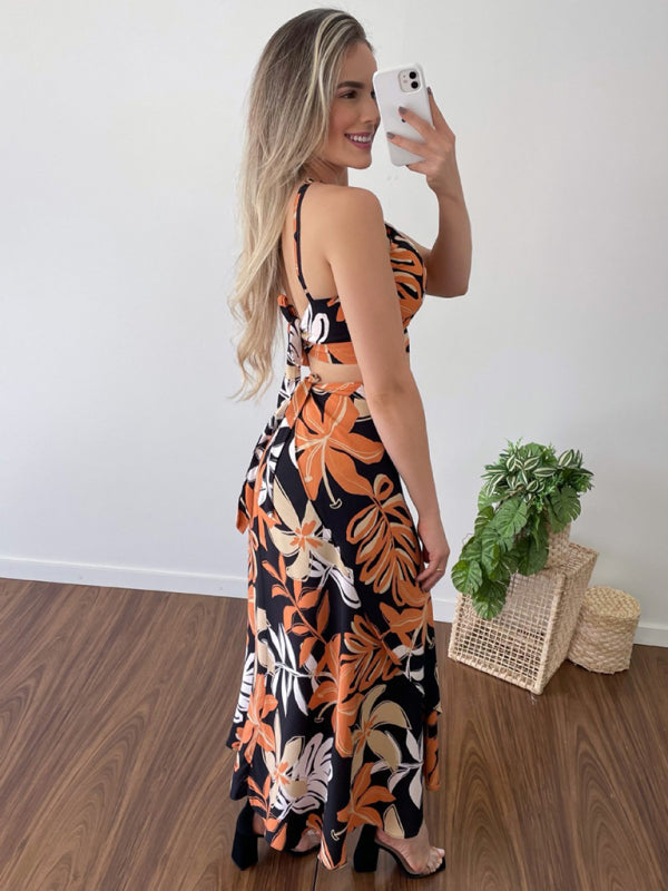 Zweiteiliges Set aus bedrucktem, kurzem Tanktop mit Trägern und hochtailliertem Rock für Damen 