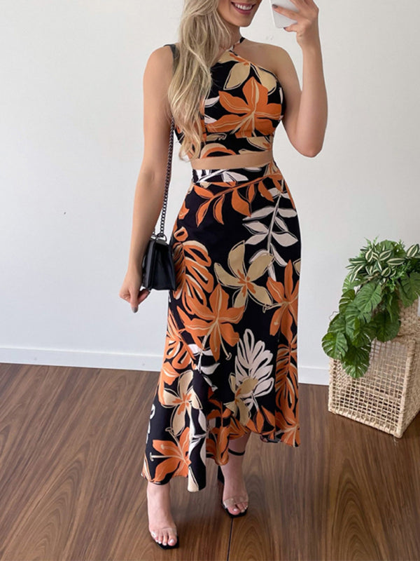 Zweiteiliges Set aus bedrucktem, kurzem Tanktop mit Trägern und hochtailliertem Rock für Damen 