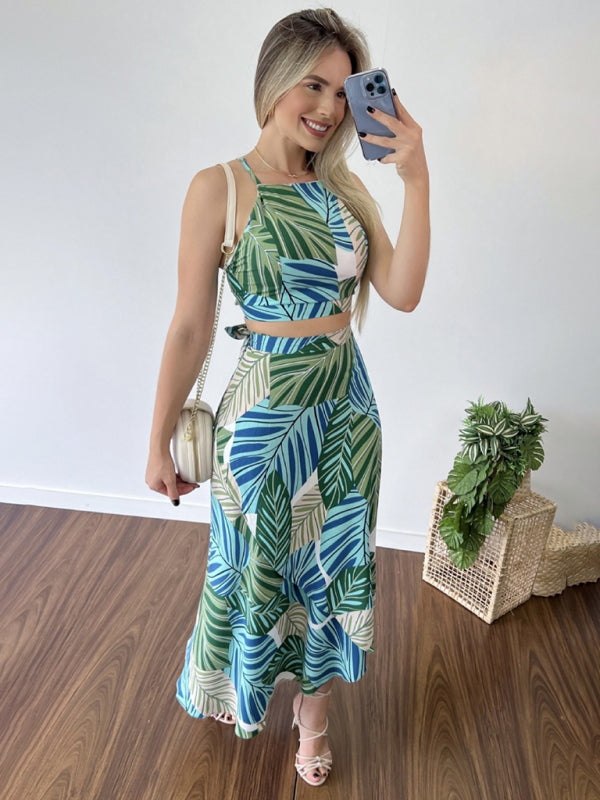 Zweiteiliges Set aus bedrucktem, kurzem Tanktop mit Trägern und hochtailliertem Rock für Damen 