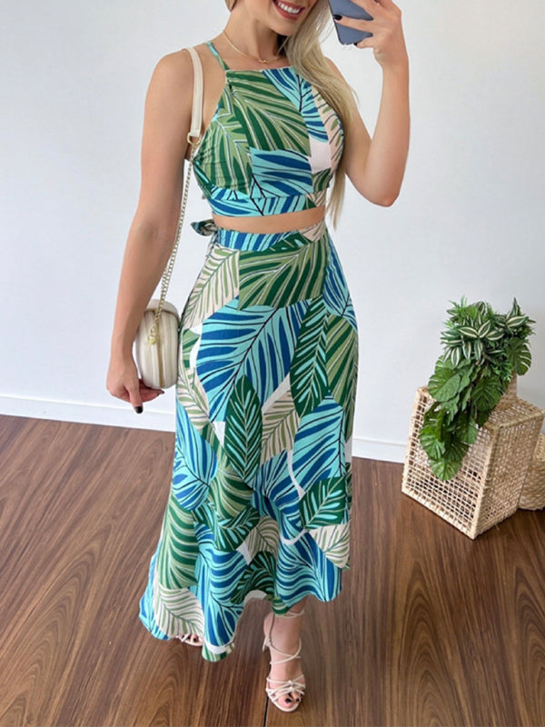 Zweiteiliges Set aus bedrucktem, kurzem Tanktop mit Trägern und hochtailliertem Rock für Damen 
