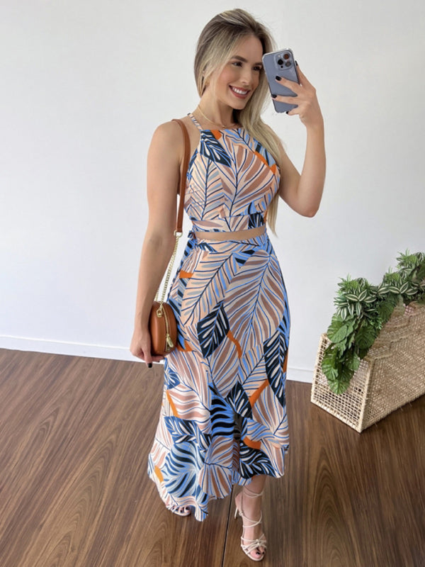 Zweiteiliges Set aus bedrucktem, kurzem Tanktop mit Trägern und hochtailliertem Rock für Damen 