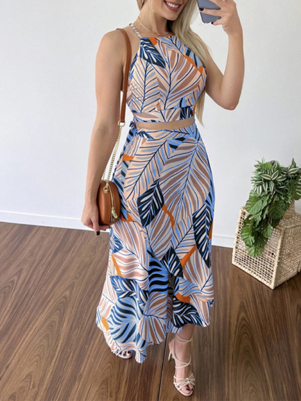 Zweiteiliges Set aus bedrucktem, kurzem Tanktop mit Trägern und hochtailliertem Rock für Damen 