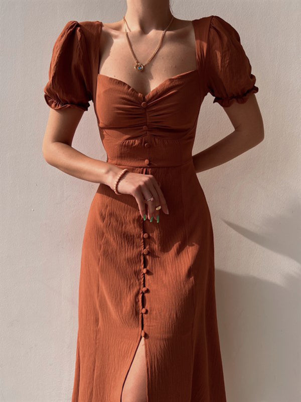 Elegantes Damenkleid mit herzförmigem Ausschnitt, Puffärmeln und mittlerer Länge 