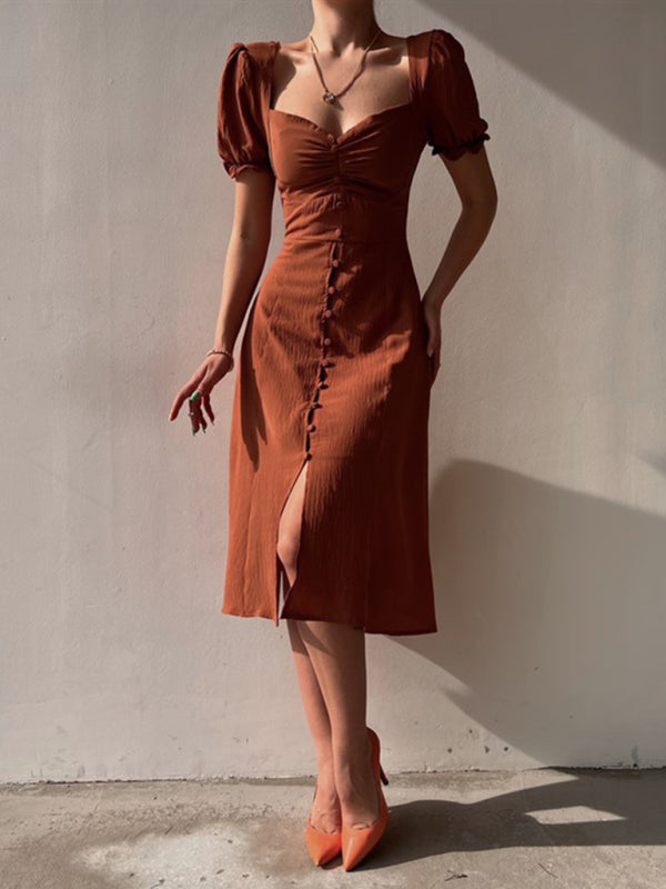 Elegantes Damenkleid mit herzförmigem Ausschnitt, Puffärmeln und mittlerer Länge 