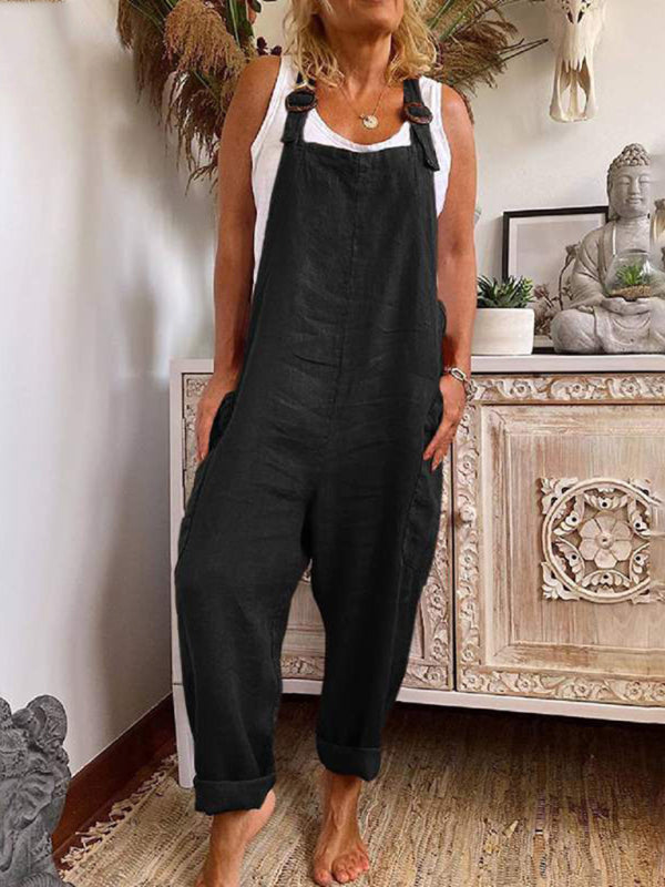 Wide-leg jumpsuit women's adjustable buckle cotton and linen pocket overalls – side view